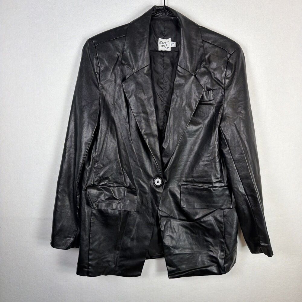 Princess Polly Womens Size 2 Black Faux Leather Blazer Jacket Button Front